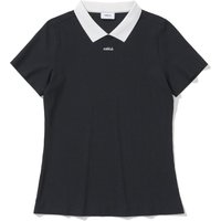 Ribbed Yoke Contrast Embroidered Short Sleeve Collar Neck shirt [BLACK]