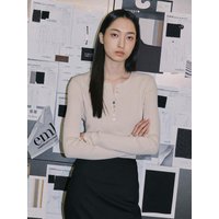 Henry Neck Button-up Hemp Linen Long Sleeve Knit Top [BEIGE]