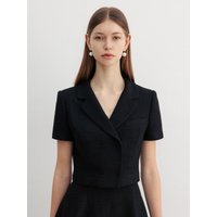 MAEVE Notched Collar Cropped Tweed Blazer Cream GREENBlack MAEVE Notched Collar Cropped Tweed Blazer Cream GREENBlack