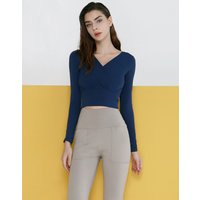V Neck Long Sleeve Crop Top Navy
