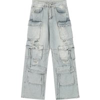 Functional multi-pocket cargo jeans for men, trendy punk washed holes, niche loose straight wide-leg trousers Functional multi-pocket cargo jeans for men, trendy punk washed holes, niche loose straight wide-leg trousers