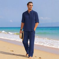 Men’s Summer Linen Shirt And Trousers Set Solid Color Stand Collar Drawstring Detail For Stylish Outfits