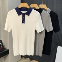 Men’s Clothing Light luxury color matching slim breathable knit sweater men’s polo shirt short sleeve summer casual all match half sleeved T shirt