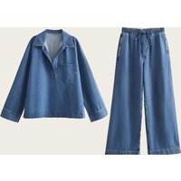 ​Oversized Denim Shirt & Pants Set Trendy Long-Sleeve Button-Up Top With Matching Trousers SML, Washed Polyester, Relaxed Fit​ ​Oversized Denim Shirt & Pants Set Trendy Long-Sleeve Button-Up Top With Matching Trousers SML, Washed Polyester, Relaxed Fit​