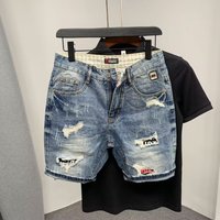 Denim capris men’s Korean version personalized printed cat whisker hole shorts slim fit, versatile and trendy pants with Denim capris men’s Korean version personalized printed cat whisker hole shorts slim fit, versatile and trendy pants with