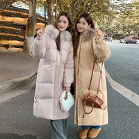 Knee-Length Hooded Puffer Coat With Detachable Faux Fur Trim Oversized Winter Parka In BlackKhakiPink S- Knee-Length Hooded Puffer Coat With Detachable Faux Fur Trim Oversized Winter Parka In BlackKhakiPink S-