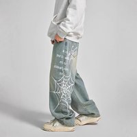 Men’s Clothing High Street Ins Same Style Trendy Brand Personality Spider Web Print Jeans Straight Wide Leg Casual Trousers Men