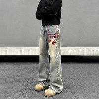 Men’s Vintage Washed Yellow Mud Flared Jeans – Loose Fit High Street Denim Pants With Embroidery​ Men’s Vintage Washed Yellow Mud Flared Jeans – Loose Fit High Street Denim Pants With Embroidery​