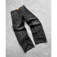 Yk Retro Black Baggy Jeans for Men Hip Hop Punk Raw Edge Embroidery Vintage Pattern Patchwork High Waisted Denim Pants Yk Retro Black Baggy Jeans for Men Hip Hop Punk Raw Edge Embroidery Vintage Pattern Patchwork High Waisted Denim Pants