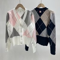 Autumn New College Style TB Quilted Color Block Knitted Sweater Cardigan V-Neck Long Sleeve Slimming Top