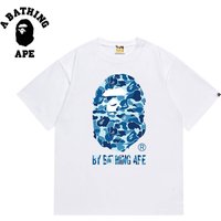 A BATHING APE BAPE-Simpl Navy Blue Ape Head Men’s Short Sleeved shirt With Letter Printed Pattern