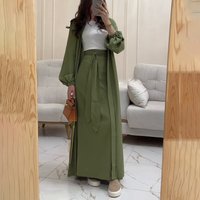 ​​Luxury Satin Puff Sleeve Cardigan & Skirt Set Elegant Two-Piece Robe With Adjustable Straps Olive Green, -X​​ ​​Luxury Satin Puff Sleeve Cardigan & Skirt Set Elegant Two-Piece Robe With Adjustable Straps Olive Green, -X​​