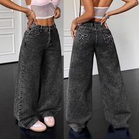 ​​Vintage High-Waisted Jeans s Retro Straight Leg Black, Non-Stretch Cotton, Unisex Fit S-, Washed & Embroidered Detail​