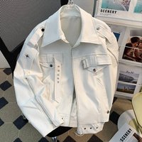 Men’s High-Street White PU Leather Jacket Trendy Biker Coat With Metal Accents, Loose Fit Outerwear For Fall & Winter White, Black​