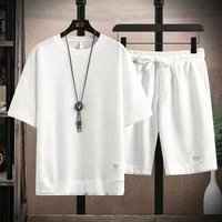 Men’s Waffle Short-Sleeved Shirt Sports Casual Suit Men’s Complete Set Loose Shirt Shorts Two Men’s Waffle Short-Sleeved Shirt Sports Casual Suit Men’s Complete Set Loose Shirt Shorts Two