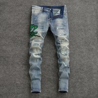 Men’s Distressed Slim Fit Jeans Vintage Light Blue Washed Denim with Snake Embroidery Streetwear Skinny Jeans