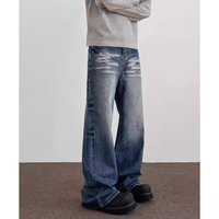 Men’s Clothing American High Street Vibe Style Retro Washed Cat Whisker Distressed Jeans Men’s Trendy Straight Loose Pleated Trousers