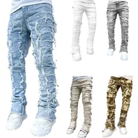 EE Mens Stacked Jeans Fit Ripped Destroyed Straight Denims Pants Vintage Hip Hop Trouser Streetwear