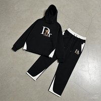 ​Men’s Color-Block Hoodie Set Bear & Letter Print Retro Joggers BlackGrey, Unisex Casual Loungewear​ ​Men’s Color-Block Hoodie Set Bear & Letter Print Retro Joggers BlackGrey, Unisex Casual Loungewear​