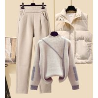 Petite Winter Outfit Set Fleece-Lined Wool Blend Knit Vest + Oversized Sweater + High-Waisted Relaxed Trousers -Piece Coordinated Ensemble Petite Winter Outfit Set Fleece-Lined Wool Blend Knit Vest + Oversized Sweater + High-Waisted Relaxed Trousers -Piece Coordinated Ensemble