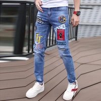 Trendy Brand Personalized Graffiti Print Pattern Jeans For Men, Korean Style, Stretchy Slim Fit, Versatile Casual Long Trendy Brand Personalized Graffiti Print Pattern Jeans For Men, Korean Style, Stretchy Slim Fit, Versatile Casual Long