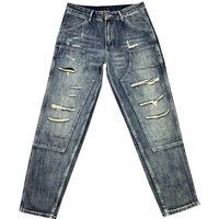 Trendy Brand Retro Heavy Ripped Tooling Jeans Men’s American High Street Loose Small Straight Trousers Men’s Tapered Pants
