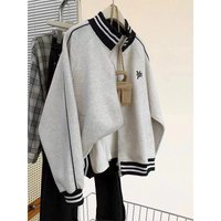 ​​Retro Baseball Jacket Oversized Varsity Bomber With Contrast Stripes & Embroidered Details Grey LightweightFleece-Lined ​​Retro Baseball Jacket Oversized Varsity Bomber With Contrast Stripes & Embroidered Details Grey LightweightFleece-Lined