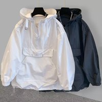 ​​Streetwear Hooded Windbreaker Unisex Lightweight Utility Jacket With Raw Edge Detailing M-, Zippered Pockets, Adjustable Cuffs​ ​​Streetwear Hooded Windbreaker Unisex Lightweight Utility Jacket With Raw Edge Detailing M-, Zippered Pockets, Adjustable Cuffs​