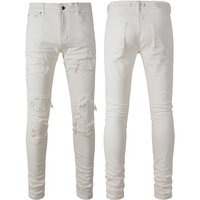 Men’s Clothing Men’s high street fashion white jeans street ripped jeans patch elastic slim fit skinny pants