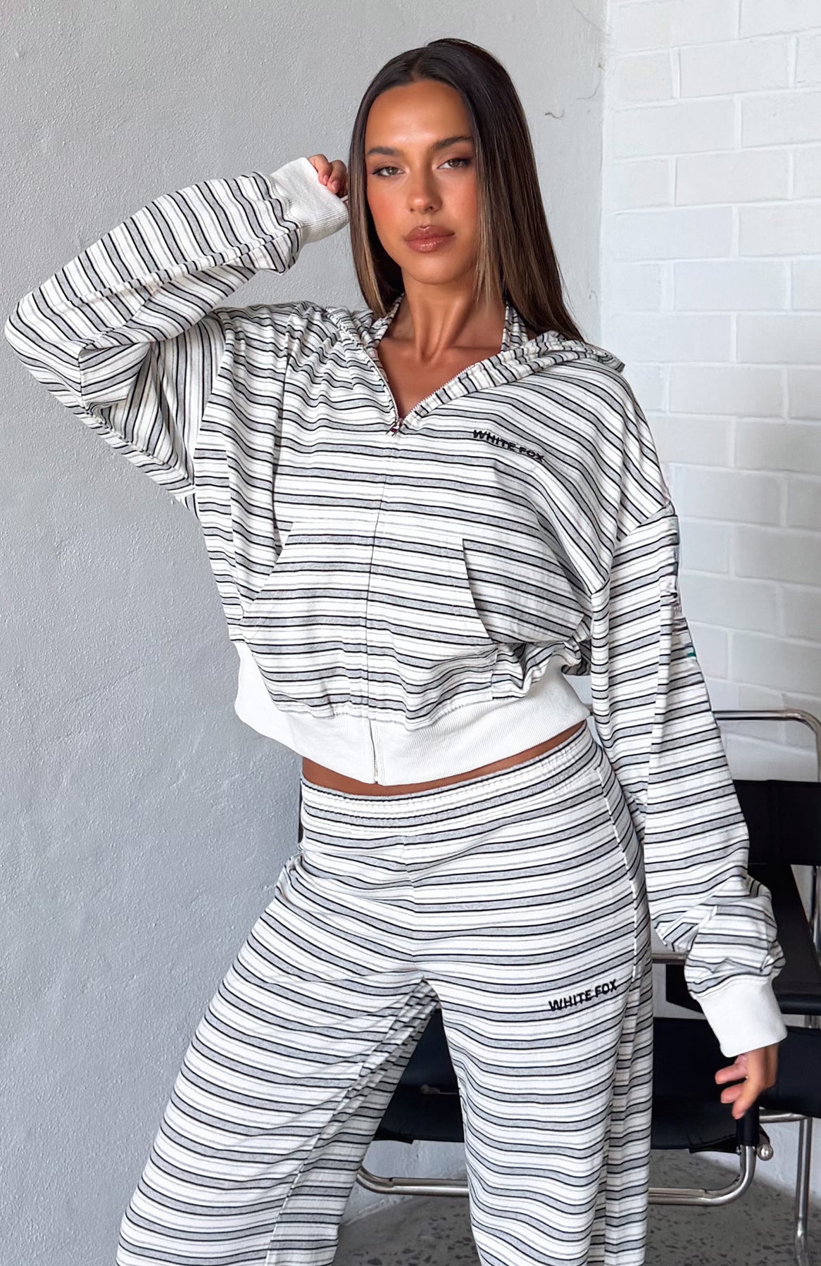 Looking Back Boxy Zip Front Hoodie White Stripe Looking Back Boxy Zip Front Hoodie White Stripe