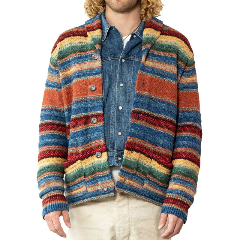 Men’s Vintage Rainbow Colorblock Jacquard Lapel Cardigan Y