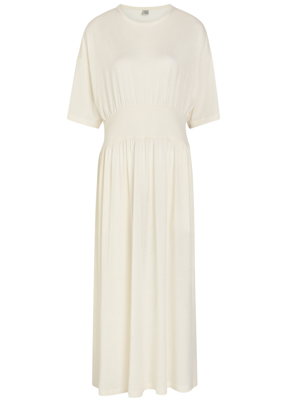 Toteme Gathered Cotton and Silk-blend Midi Dress – Off White